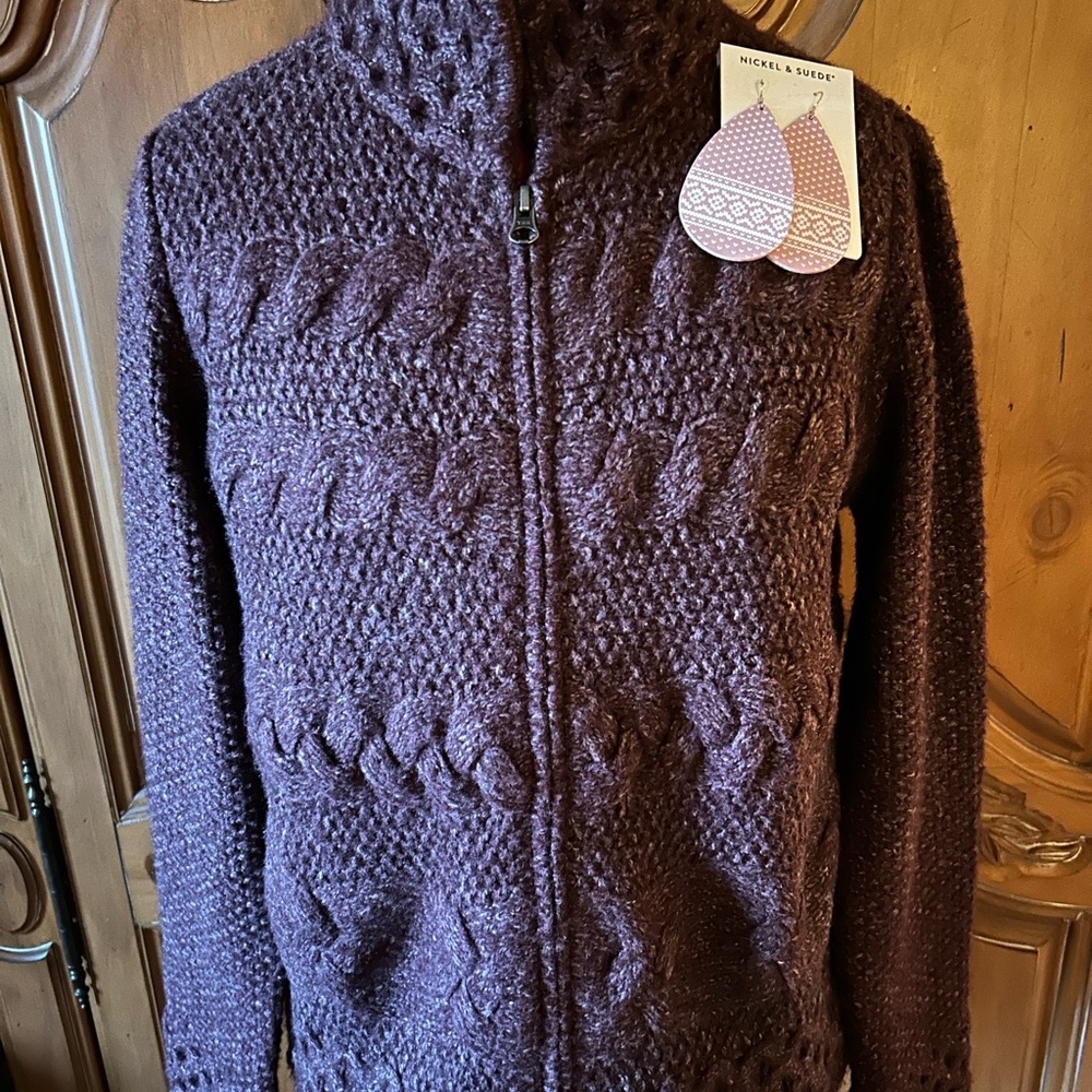 J. Jill Burgundy Zip Sweater w/ Nickel & Suede earrings